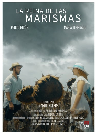 man and woman standing in front of a cloudy sky, shortfilm, spain, leclere, la reina de la marismas