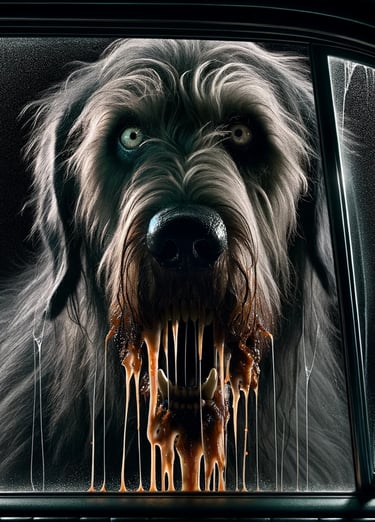 An Irish Wolfhound appears as a drooling beast at the car window.