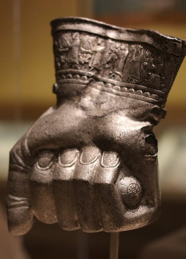 Ancient Hittite silver fist-shaped vessel with detailed relief carvings on the wrist displayed in a museum.