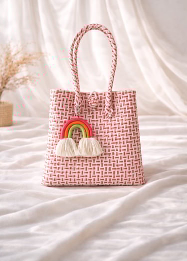 Tas anyaman plastik jali jali warna putih merah handmade dengan gantungan pelangi, cocok untuk hadiah