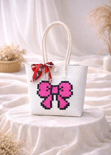 Tas anyaman karakter kupu-kupu putih pink handmade ramah lingkungan