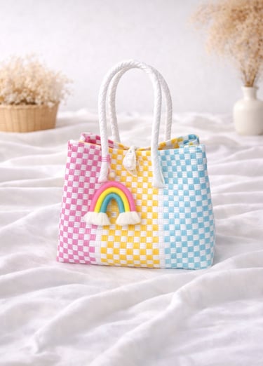 Tas anyaman plastik handmade kombinasi pink kuning biru, tas anyaman wanita aesthetic