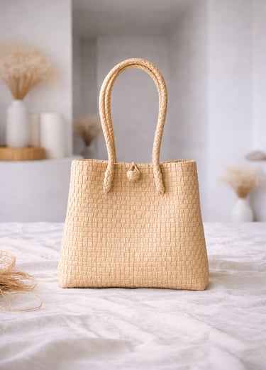 Tas anyaman plastik jali jali warna cream natural handmade, tas anyaman klasik ramah lingkungan