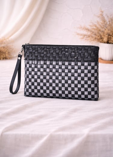 Tas anyaman plastik handmade warna hitam abu motif kotak model clutch wanita modern