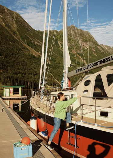 Georgina Amorós  boarding Jolly Good Times Sailing yacht for a Lofoten island-hopping adventure.