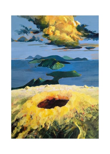 yellow cloud above volcanic crater against blue sky