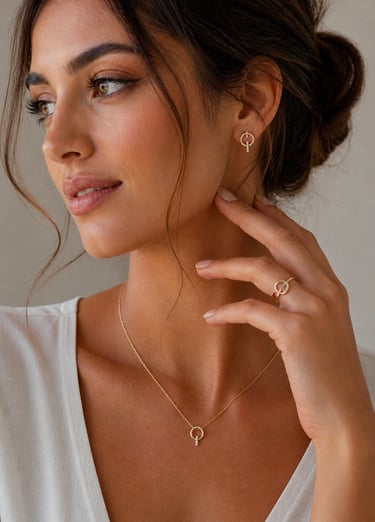 A beautiful woman a dainty gold necklace, matching earrings, and a ring with an open circle design.