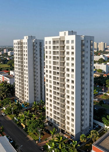 A high-angle view of a clean, contemporary residential apartment complex in an Indian city, with lush green surroundings and clear blue sky, architectural photography.