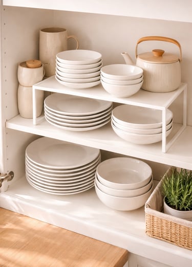 Kitchen cabinet with white stackable shelf organizer creating two levels for plates and bowls, Japan