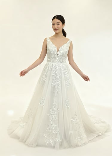 Elegant A-line wedding dress with floral lace bodice and plunging V-neckline on a model.
