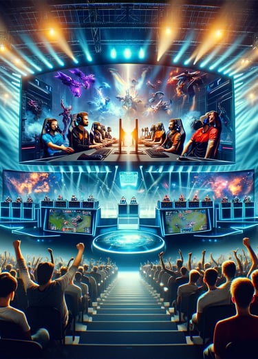 Large esports competition with teams competing on stage in front of a huge, cheering audience.
