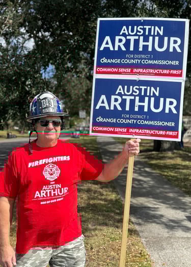 Austin Arthur with firefighters endorsing his integrity and public safety leadership in Oakland and 