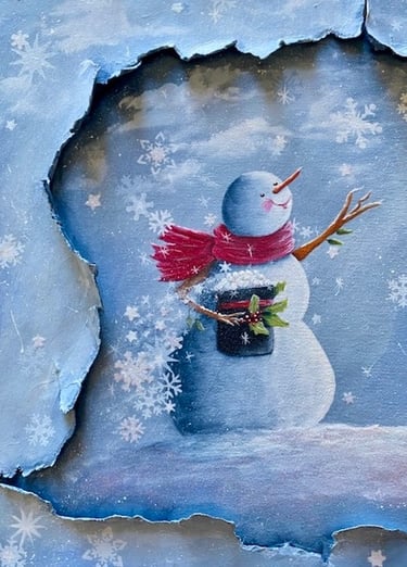 Broken canvas, snowman, snowflakes, acrylics