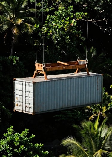Dramatic wide-angle shot of a shipping container being unloaded at a tropical port, high-contrast morning sunlight, deep jungle-green foliage in the background, 35mm editorial.