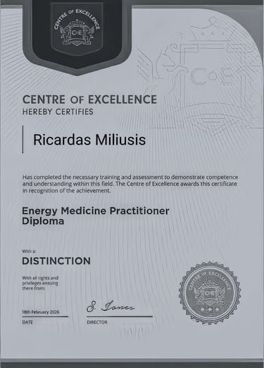 Energy Medicine Practitioner Diploma with distinction awarded to Ricardas Miliusis