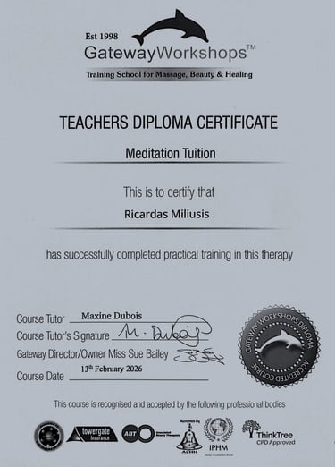 Диплом преподавателя по обучению медитации, выданный Ричардасу Милюшису