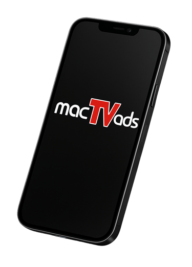 A smartphone with a black screen apart from a logo showing, "macTVads"