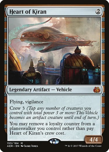Heart of Kiran Magic the Gathering card featuring a legendary artifact vehicle ship flying over a city.