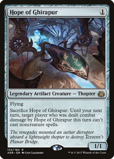 Hope of Ghirapur Magic the Gathering card featuring a golden filigree thopter flying in a workshop.