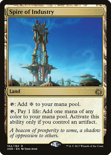 Spire of Industry Magic: The Gathering card featuring a tall brass tower overlooking a fantasy city.
