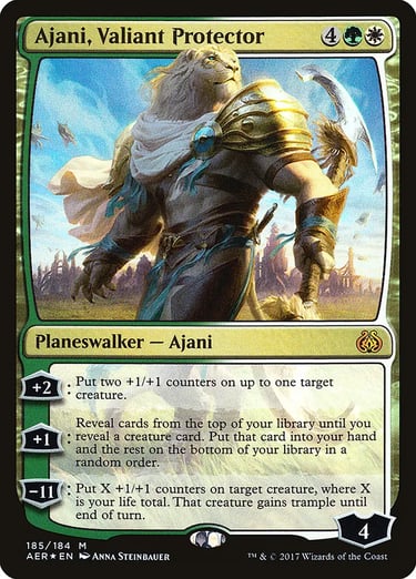 Ajani Valiant Protector Magic the Gathering planeswalker card featuring a lion-like warrior in golden armor.