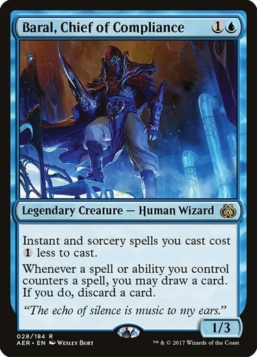 Baral, Chief of Compliance Magic: The Gathering card featuring a blue legendary human wizard.