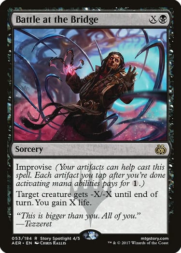 Battle at the Bridge Magic the Gathering card featuring Tezzeret manipulating metal tentacles.