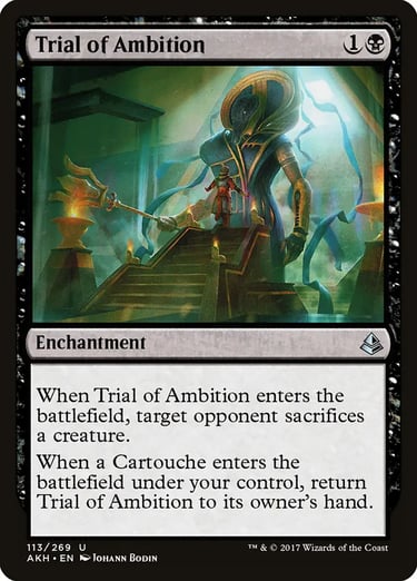 Magic: The Gathering Trial of Ambition black enchantment card featuring a giant god watching a mortal.