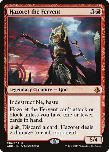 Hazoret the Fervent Magic: The Gathering card featuring a jackal-headed Egyptian god deity against a sunset.