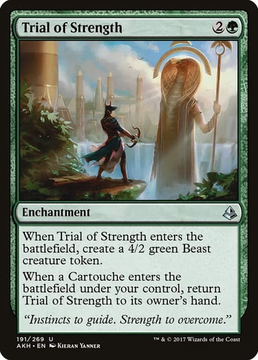 Magic: The Gathering Trial of Strength green enchantment card featuring Egyptian-style warrior and cobra statue.