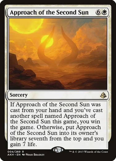 Magic: The Gathering Approach of the Second Sun card featuring Nicol Bolas's horns and two suns.
