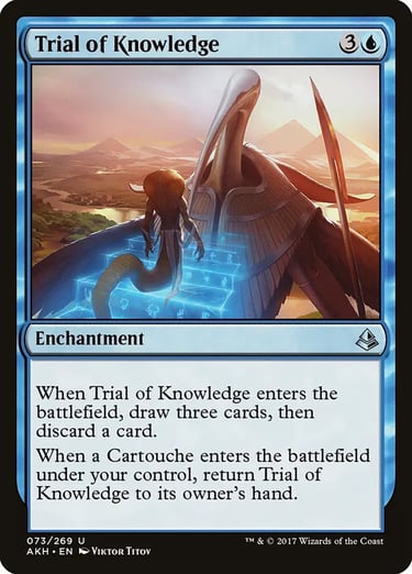 Trial of Knowledge Magic: The Gathering card featuring blue enchantment art of a naga climbing stairs.