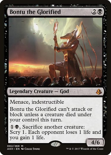 Bontu the Glorified Magic: The Gathering card featuring a crocodile-headed god in a desert sunset.