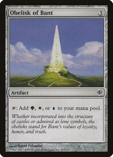Obelisk of Bant Magic: The Gathering card featuring a tall white monument atop a lush green hill.