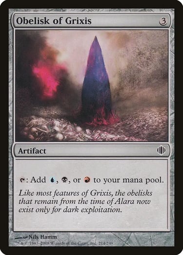 Obelisk of Grixis Magic: The Gathering card featuring a dark spire artifact in a field of bones.