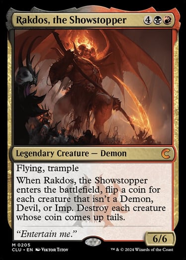 Magic: The Gathering card for Rakdos, the Showstopper, a legendary creature demon with flying and trample.