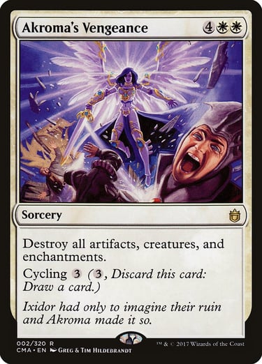 Magic: The Gathering card Akroma's Vengeance showing an angel destroying artifacts and creatures.