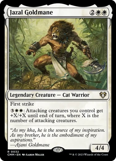 Jazal Goldmane Magic the Gathering card featuring a lion-like Cat Warrior in a jungle setting.