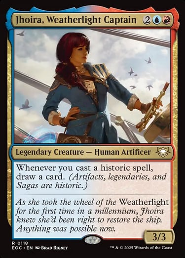 Magic: The Gathering Jhoira, Weatherlight Captain card with artwork of a woman at a ship's wheel.