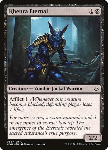Magic: The Gathering card Khenra Eternal featuring a blue zombie jackal warrior in lazotep armor.