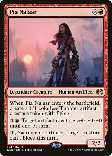 Pia Nalaar Magic: The Gathering card featuring a legendary human artificer in a sunset landscape.