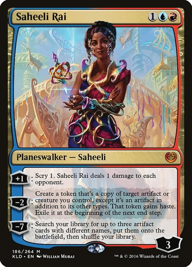 Saheeli Rai Magic: The Gathering card from Kaladesh featuring artwork of the Planeswalker character.