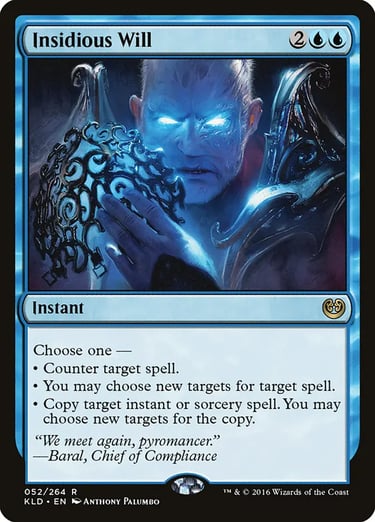 Insidious Will Magic the Gathering trading card featuring Baral with glowing blue eyes holding a metal orb.