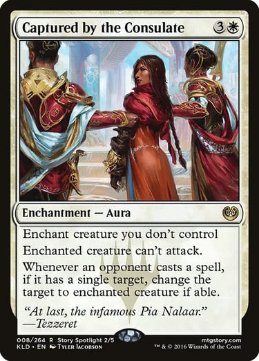 Captured by the Consulate Magic: The Gathering card showing Pia Nalaar being arrested by two Kaladesh soldiers.