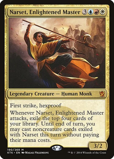 Narset, Enlightened Master Magic: The Gathering trading card featuring a human monk wielding a staff.