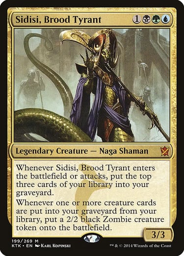 Sidisi, Brood Tyrant Magic: The Gathering card featuring a Naga Shaman in gold armor with a staff.