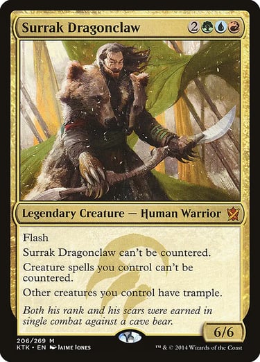 Surrak Dragonclaw Magic: The Gathering card featuring a warrior fighting a bear with a dagger.
