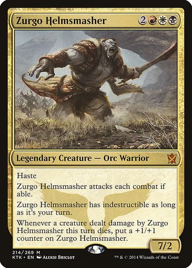 Zurgo Helmsmasher Magic the Gathering card featuring an Orc Warrior charging with a sword.