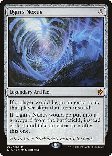 Ugin's Nexus Magic: The Gathering card featuring artwork of a ghostly dragon skeleton and a lone warrior.