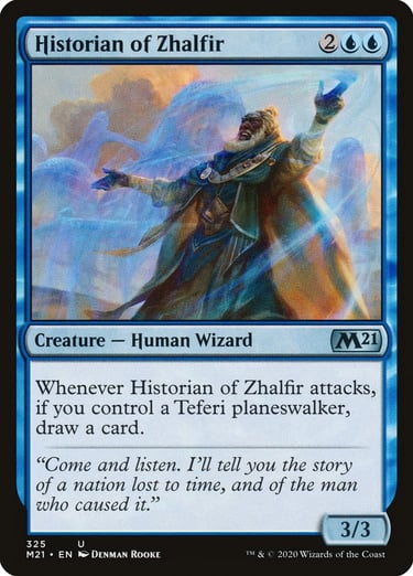 Historian of Zhalfir Magic the Gathering card featuring a blue human wizard casting a spectral spell.